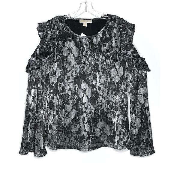 Michael Kors Floral Ruffle Metallic Cold Shoulder Top Women's S - Picture 1 of 12